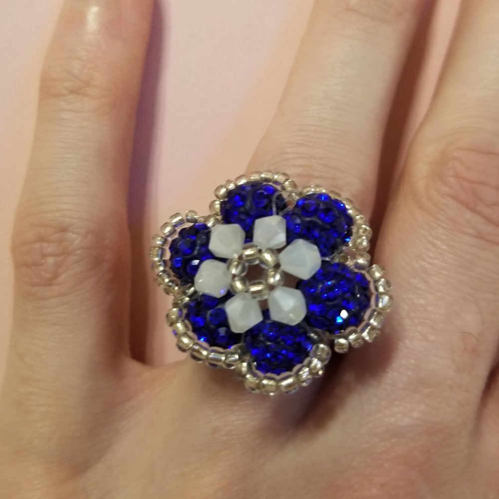 Boho Handcrafted Shamballa Bead Flower Ring   size 10